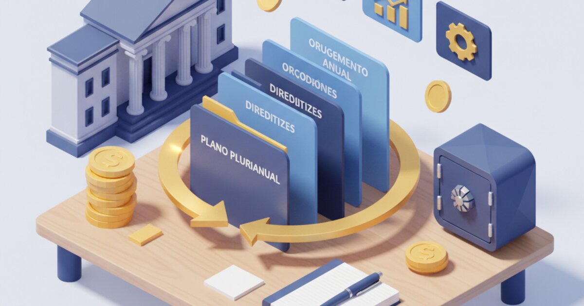 Documentos de orçamento público e gráficos financeiros sobre uma mesa ao lado de um notebook aberto