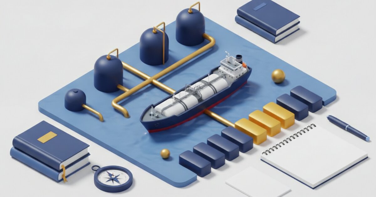 Navio petroleiro e dutos estilizados ao lado de cadernos e calendário, representando o estudo para a Transpetro