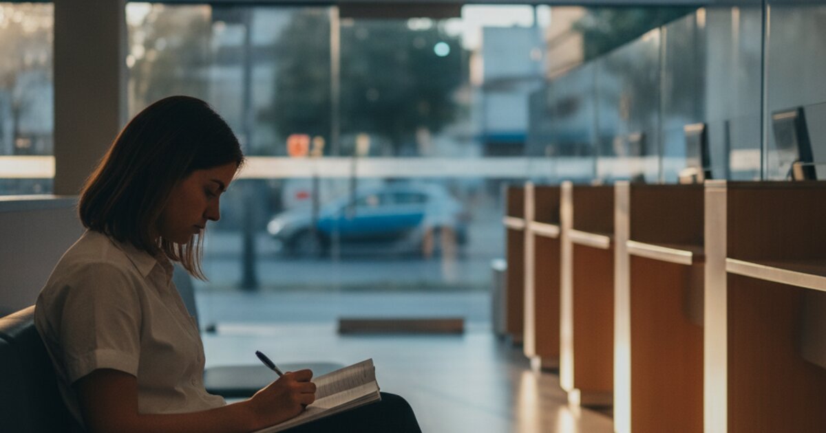 Mulher parda de cerca de 26 anos, de perfil, lendo um caderno de anotações junto à vitrine de vidro de uma agência bancária vazia no fim do expediente