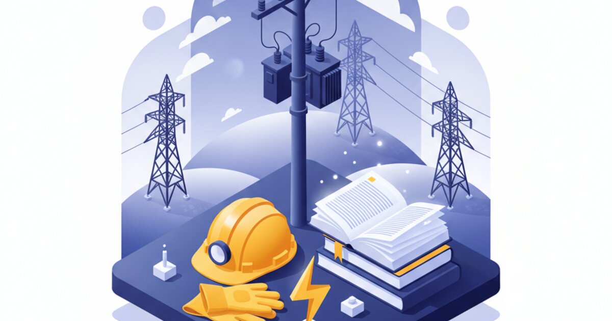 Torres de transmissão de energia, capacete de segurança e livros de estudo representando o concurso da Celesc