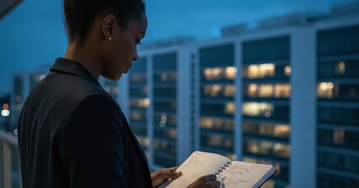 Mulher negra de cerca de 35 anos, de perfil, lendo um caderno de anotações em varanda alta com um centro administrativo iluminado ao fundo