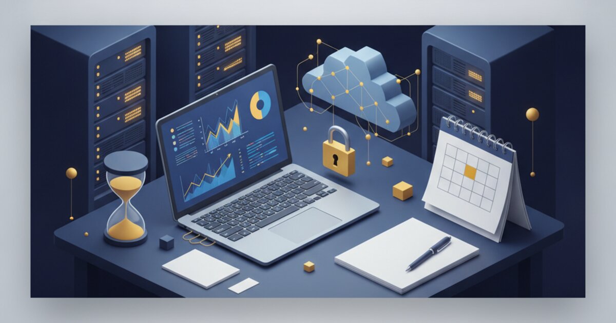 Mesa de estudo com notebook, servidores estilizados e calendário marcado para a prova da Dataprev