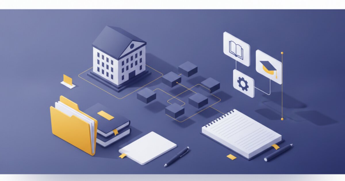Prédio institucional estilizado, pastas de documentos e organograma flutuante, representando carreiras técnico-administrativas em um instituto federal