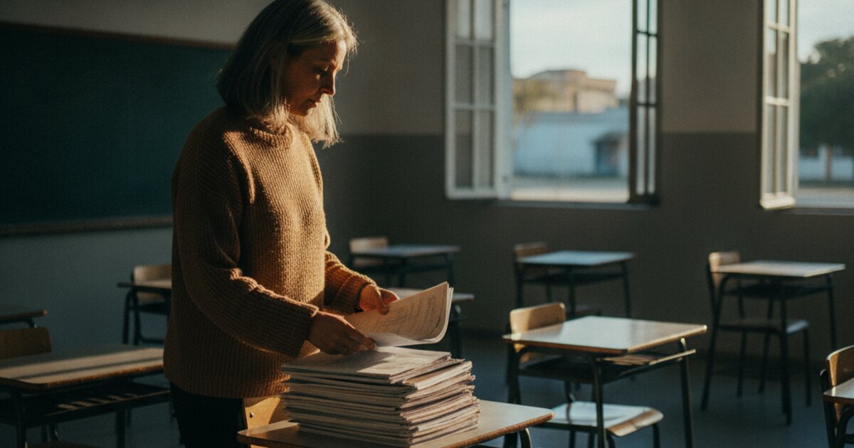 Professora de perfil organizando cadernos em uma sala de aula vazia com a luz do fim da tarde entrando pela janela