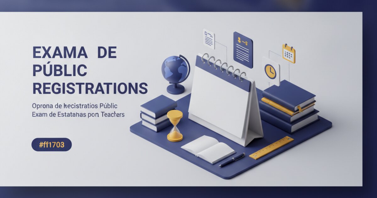 Mesa de estudo com calendário, relógio e material didático estilizados, representando a abertura das inscrições de um concurso para professor