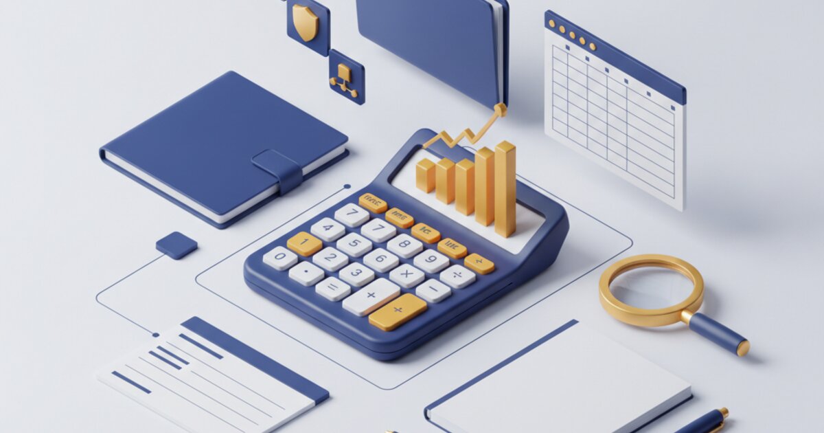 Mesa de trabalho com calculadora, gráficos e documentos fiscais estilizados, representando a carreira de auditor fiscal estadual