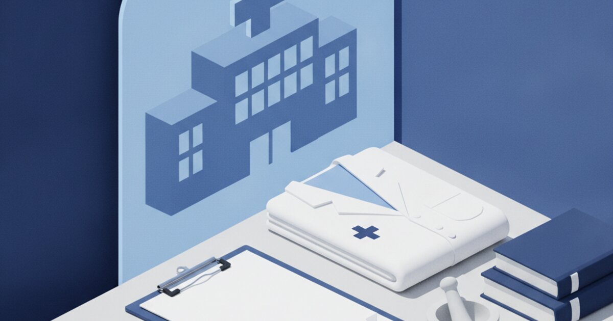 Estetoscópio, prancheta e livros de estudo com silhueta de hospital ao fundo representando o concurso da saúde do Rio de Janeiro