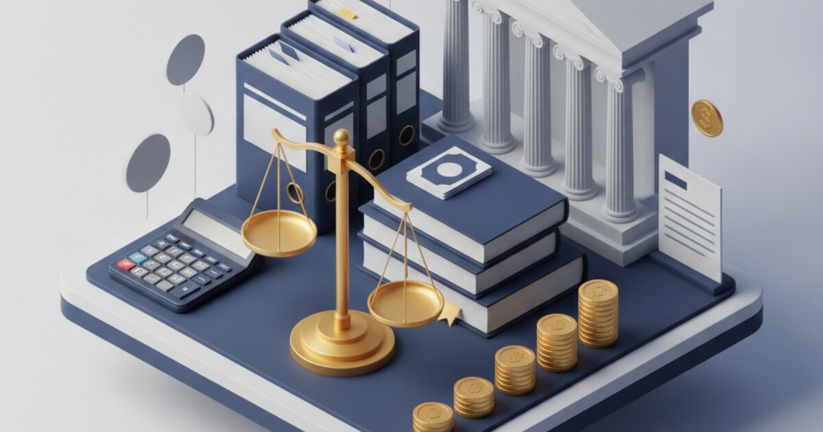 Calculadora, balança de equilíbrio e livros contábeis representando o concurso para contador do Tribunal de Justiça do Paraná