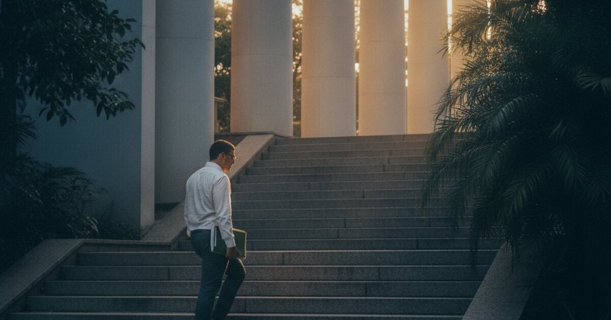 Homem pardo de cerca de 30 anos, visto de costas, subindo a escadaria de colunas de um prédio público ao amanhecer com uma pasta de estudos