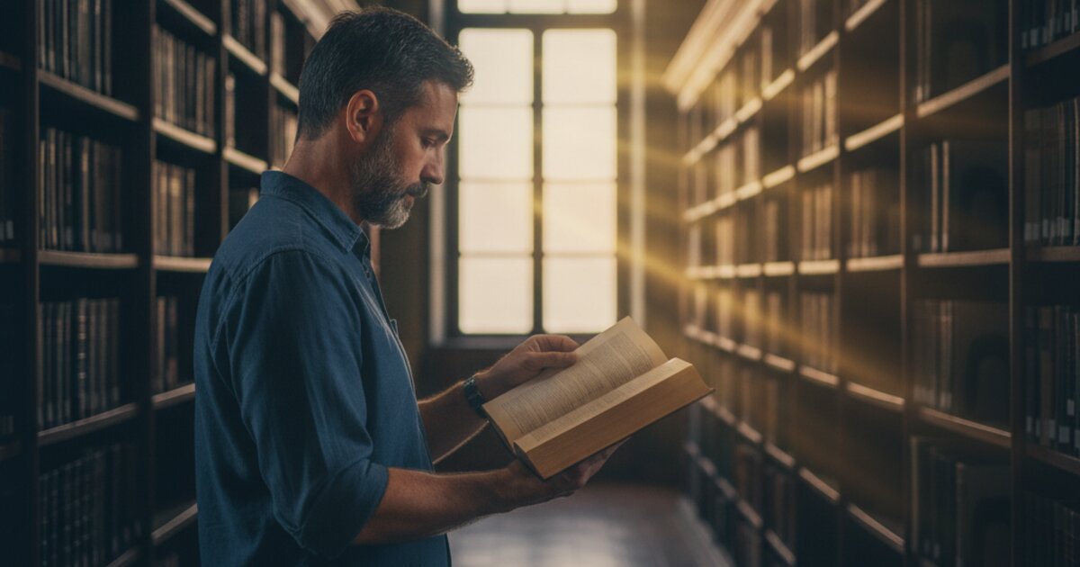 Homem branco de cerca de 38 anos, visto de costas, folheando um livro de capa dura entre estantes altas de uma biblioteca com luz de fim de tarde