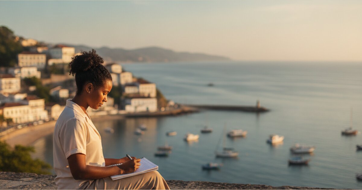 Mulher de costas lendo um caderno em um mirante sobre uma baía ao entardecer, com a cidade e os barcos ao fundo