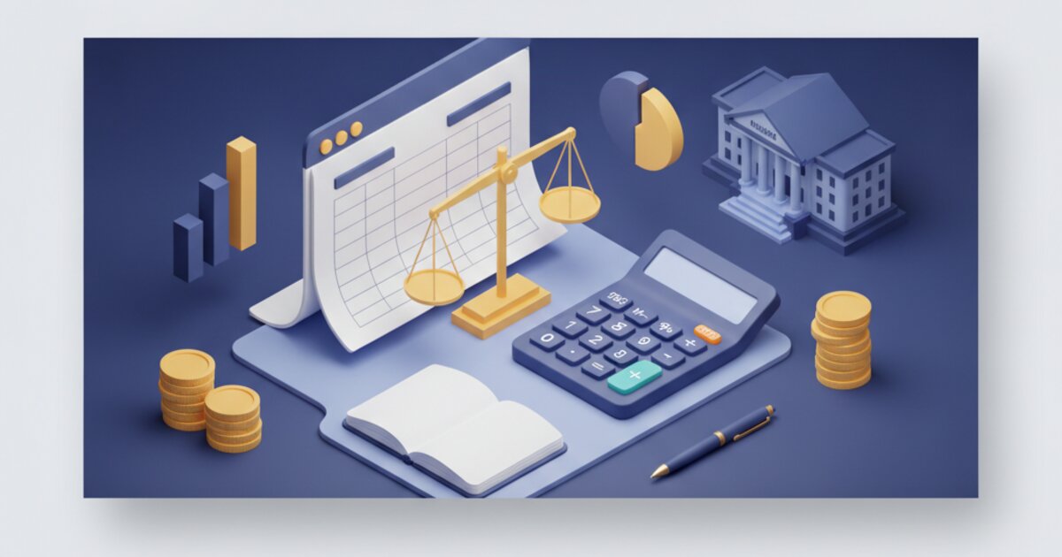 Mesa de estudo com calculadora, planilhas de balanço patrimonial e caderno de anotações contábeis