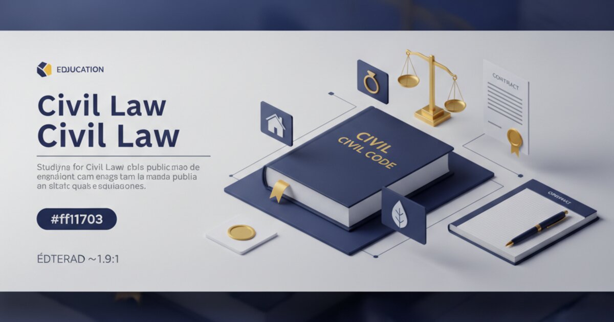 Ilustração editorial sobre Direito Civil, com livro do Código Civil, balança e documentos de contrato estilizados