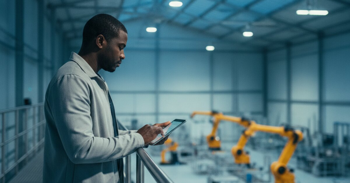 Homem negro de cerca de 33 anos, de perfil, consultando um tablet em uma passarela metálica diante de um galpão industrial moderno ao anoitecer