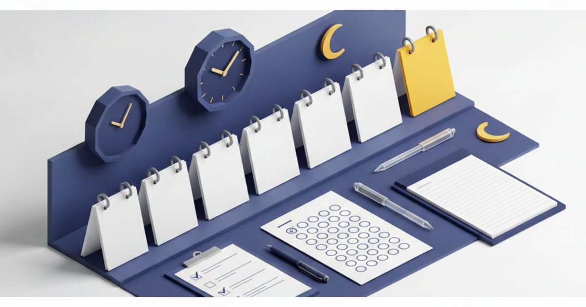 Calendário de uma semana com o último dia destacado ao lado de caderno, caneta e relógio, representando a semana da prova