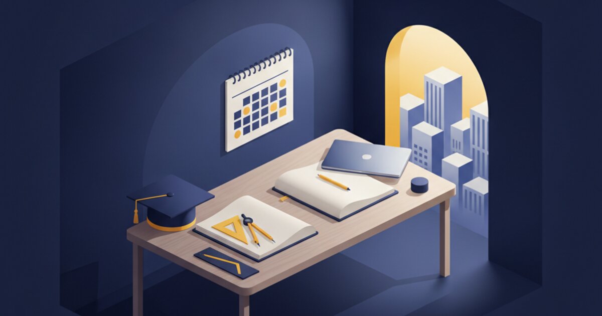 Mesa de estudos com calendário, caneta e cadernos abertos sob luz suave de fim de tarde