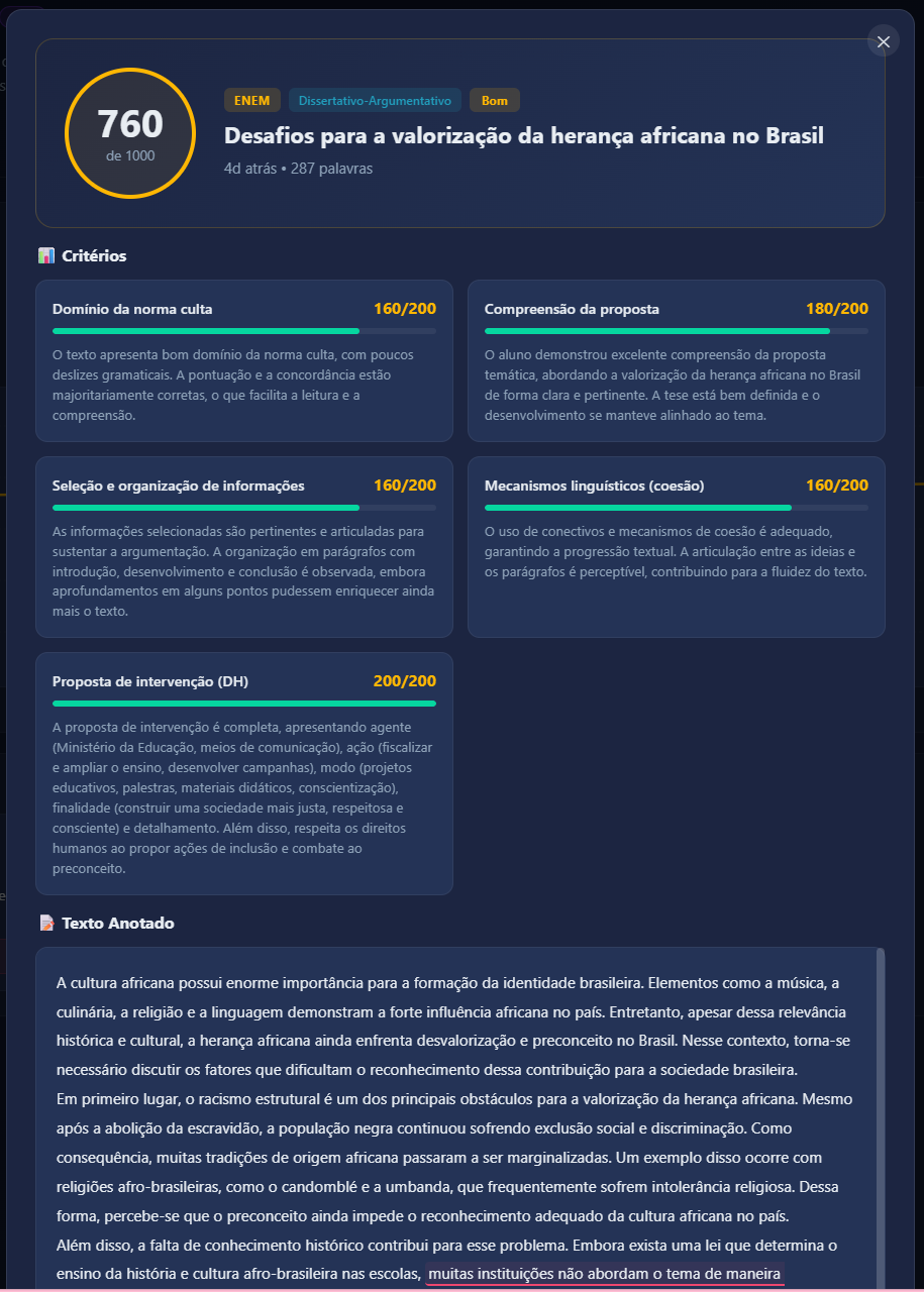 Redação corrigida pela IA com nota 760 de 1000
