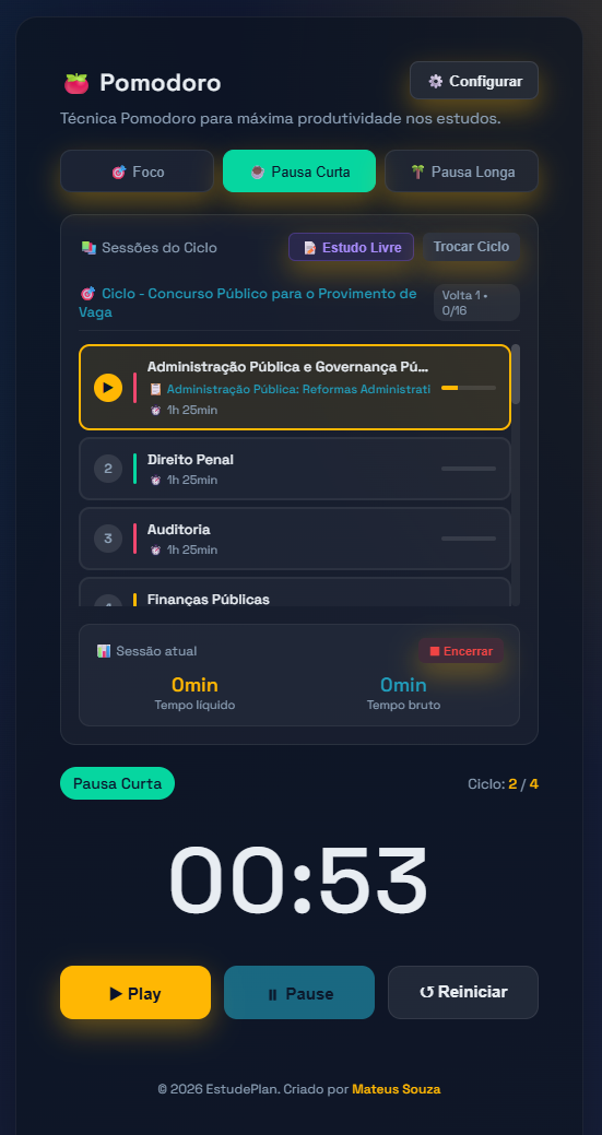 Timer Pomodoro do EstudePlan vinculado às matérias