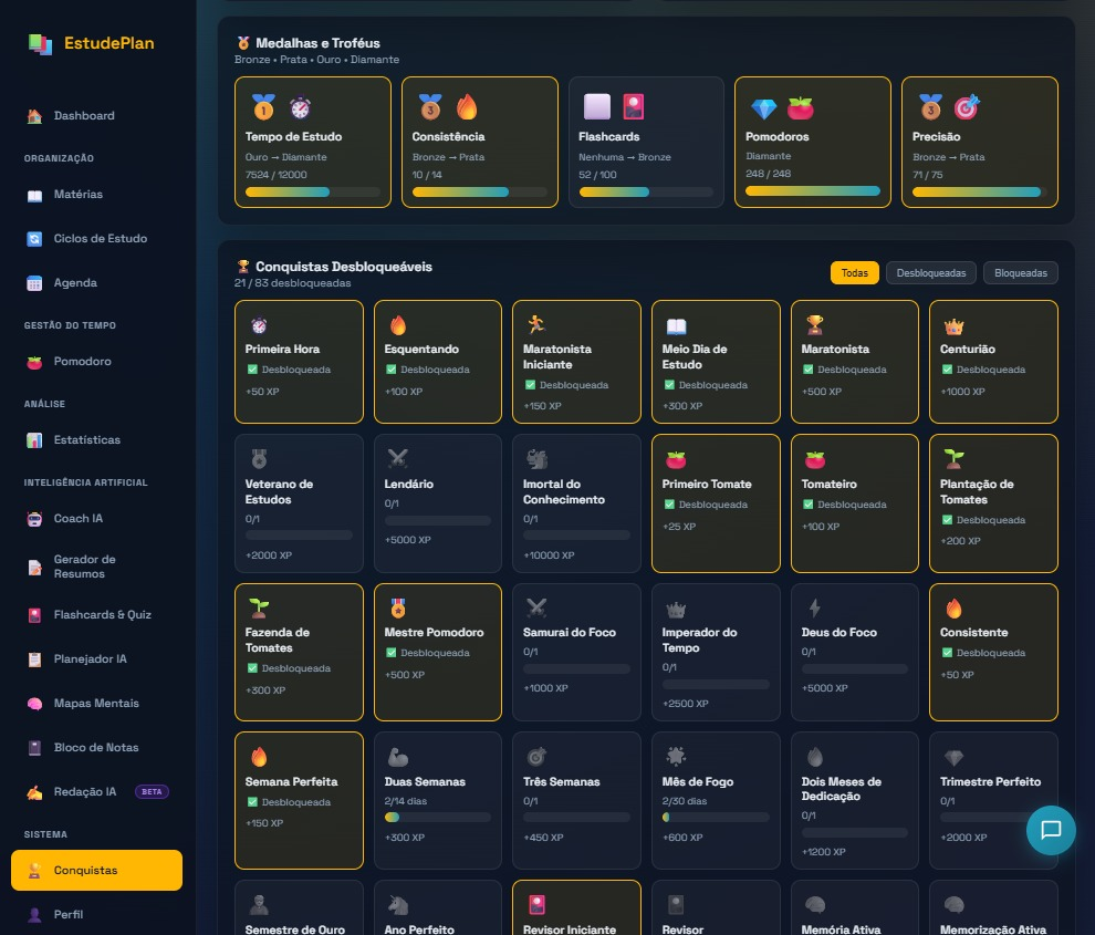 Grid de conquistas com medalhas e troféus