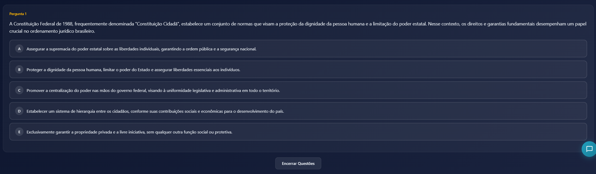 Quiz com questão de múltipla escolha no estilo da banca