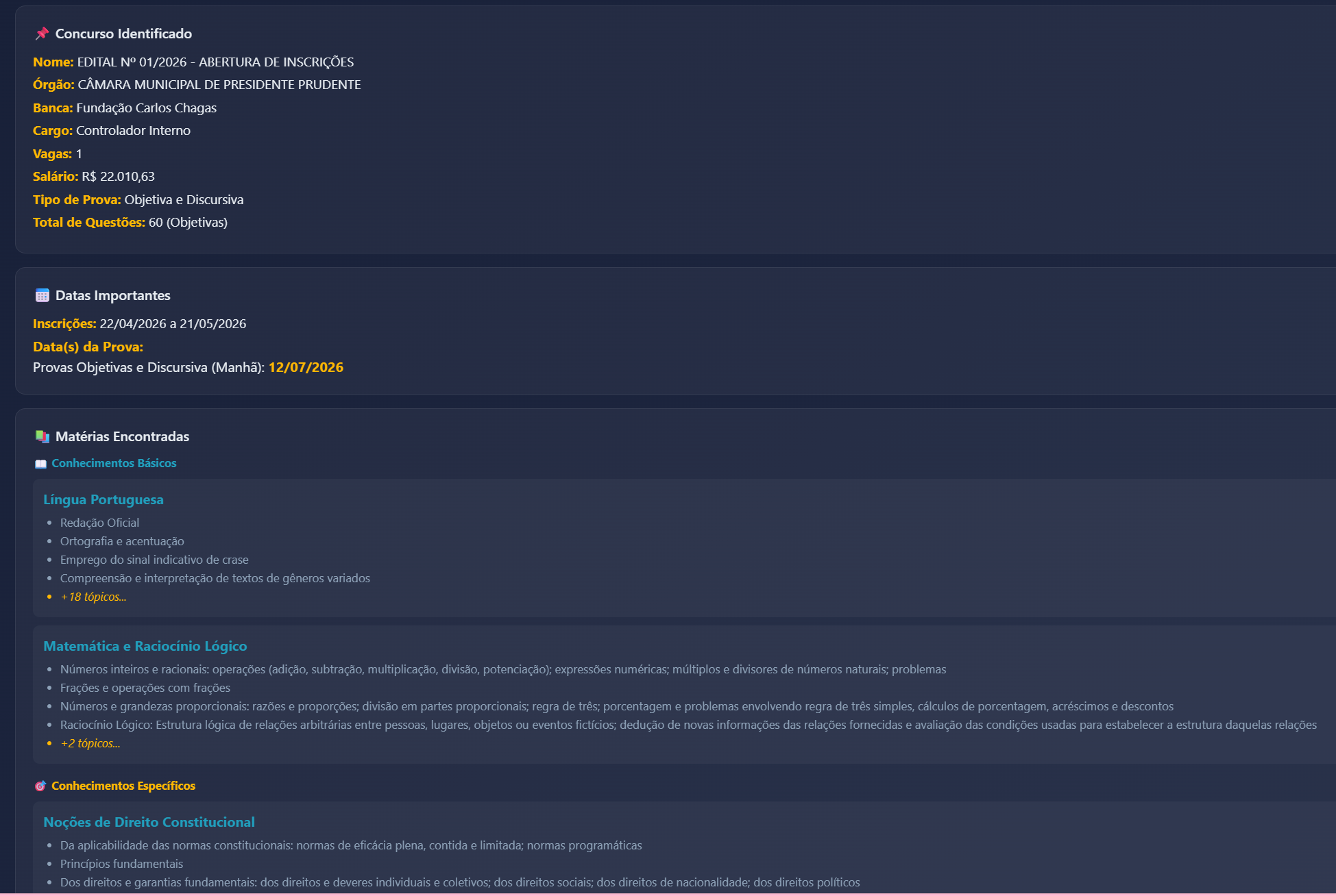 Planejador IA identificando o concurso e montando cronograma